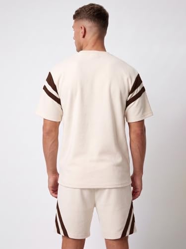 Image of CHKOKKO Men's Co-Ord Set Premium Cotton Blend Oversized T-Shirt & Shorts Cord Set with Side Pockets Round Neck Half Sleeves Solid with Contrasting Stripes Summer or Casual Wear