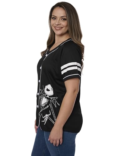 Disney Mickey Mouse Stitch Jack Skellington Womans Jersey Shirt Button Front Plus Size2