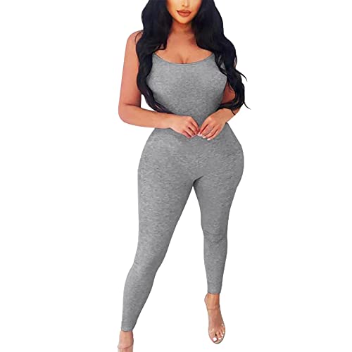 Mono sin mangas de tirantes delgados para mujer, body ajustado a la figura, mameluco para mujer, de verano, largo de algodón (gris, M), gris, M