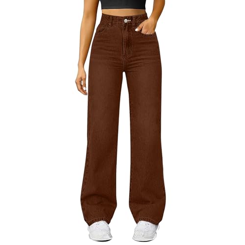 Damen Straight Leg Jeans Baggy Lang Weites Bein Jeanshosen High Waist Leichter Oversize Denimhose mit Knopfleiste Taschen Loose Warm Freizeithose Passform für Wandern (Brown, L) Damen Straight Leg Jeans Baggy Lang Weites Bein Jeanshosen High Waist Leichter Oversize Denimhose mit Knopfleiste Taschen Loose Warm Freizeithose Passform für Wandern (Brown, L)