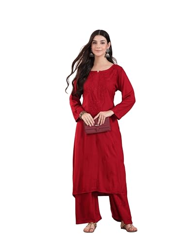 Image of POSHAK CHIKAN STUDIO Women's Hand Embroidered Lucknowi Chikankari Rayon Co-ord Set