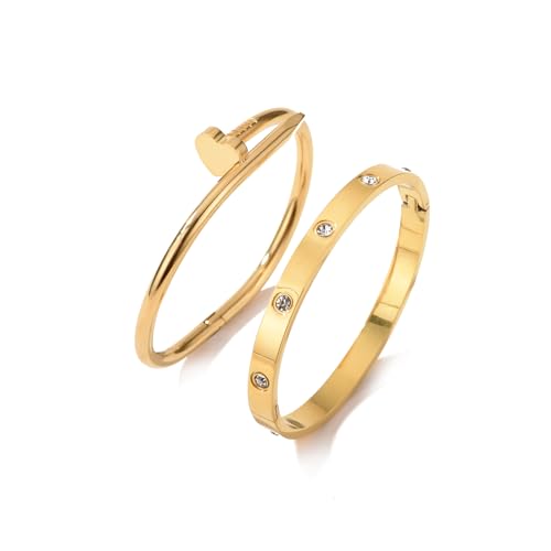 18K Gold Plated Love Nail Bangle Bracelet Set Stackable Stainless Steel Bangle Set for Love Trendy Jewelry2