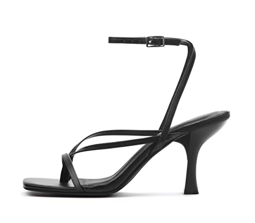 Image of Carcuume Womens Kitten Heels Square Toe Thong Strappy Ankle Strap Stiletto Heel Sandals