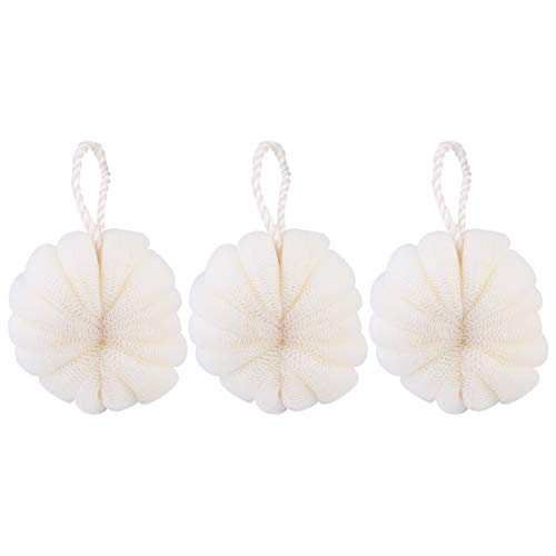 SAFIGLE Bola de Ducha Exfoliante de Malla 3 Unidades Tamaño Grande Color Beige para Cuidado Corporal y Masaje en Baño y Viaje