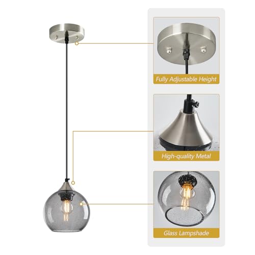 Image of Light Grey Glass Pendant Lights Kitchen Island Globe Pendant Light Fixtures Modern Pendant Lighting for Bedroom Living Dining Room Light Fixture (5.9 in, 1 Pack)
