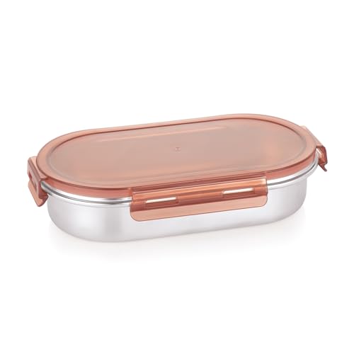 Image of Attro Steelox Oval Stainless Steel Container with Plastic Seal Lid BPA Free Food Grade Leak-Proof Ideal for School, Office & Outdoor Lunch Pack - 540ml Brown