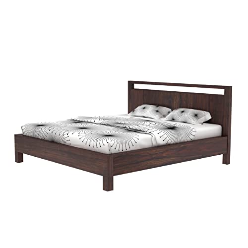 Image of Wooden King Size Bed Without Storage | Solid Wood Double Bed Cot Durban Bed for Bedroom | Sheesham, Walnut Finish