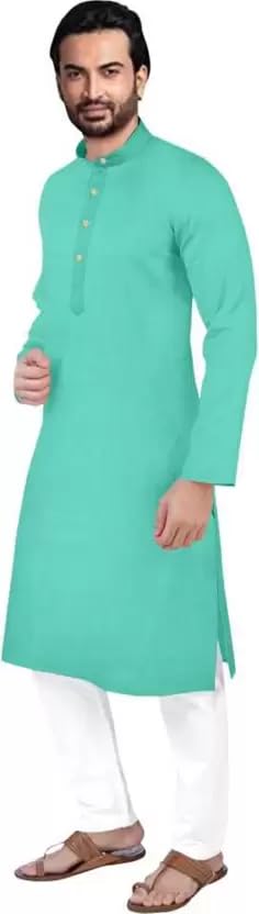 Image of weltpocket Men's Cotton Blend Solid Straight Kurta Pyjama
