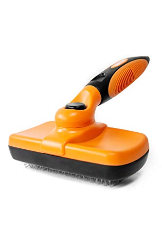 Mighty Paw Dog Grooming Brush | Durable Self-Cleaning Pet Brush. 100% Stainless Steel Soft Bent Bristles. Great for Removing Hair, Mats, & Tangles. Soft Ergonomic Handle for Extra Comfort (Orange)
