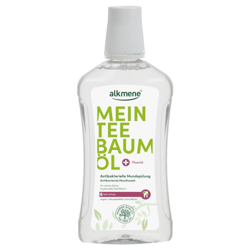 alkmene My Tea Tree olie antibacteriële mondspoeling 500 ml met 6 keer bescherming - natuurlijke thee-olie, veganistisch en klimaatneutraal - mondwater voor sterke tanden en gezond tandvlees