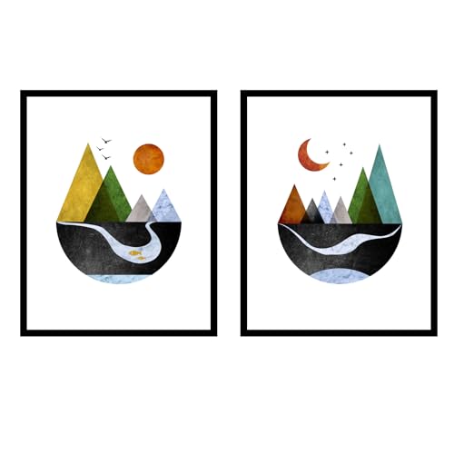 Geometric Mountain Print, Nordic Nature Poster, Abstract Wall Art, Minimalist Mountain Print, Scandi Poster, Mountain Landscape, Triangle Design, Minimalist, Set Of 2, Unframed (11X14 INCH)