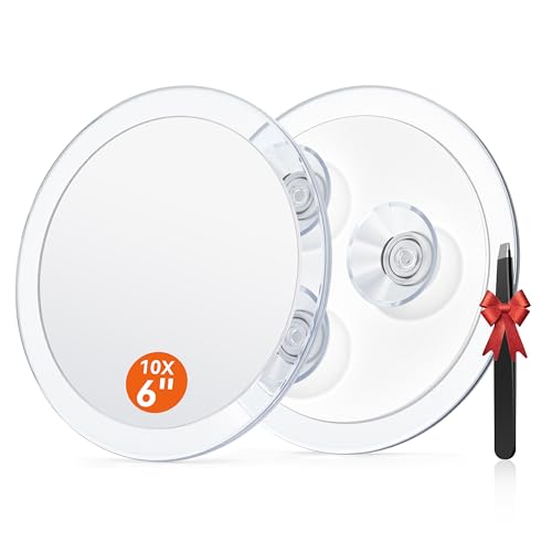 Auxmir Fogless Shower Mirror, 10X Magnifying Suction Cup Mirror for Bathroom, Shatterproof Anti Mist Cosmetic Mirror for Eyebrows - Tweezing, 6in Round Travel Makeup Mirror with 3 Strong Suction Cups