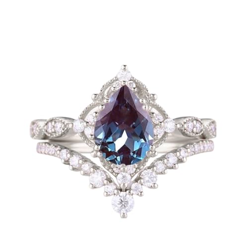 1.5 ct Pear Shaped Alexandrite Engagement Rings For Women Vintage 2 pcs Art Deco Bridal Sets Wedding Rings S925 10K 14K 18K White Yellow Rose Gold Teardrop Wedding Ring Set For Her