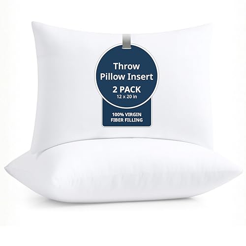 Image of LANE LINEN 12x20 Pillow Insert - Pack of 2 White Decorative Pillows for Sofa Bed, Fluffy Pillow Inserts for Cushion Covers, Bed, Couch Pillows for Living Room