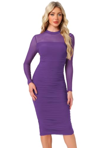Image of Allegra K Mesh Dress for Women Long Sleeve Mock Neck Ruched Bodycon Dresses