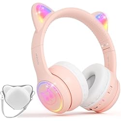 iFecco Auriculares Bluetooth para Niños con Micrófono,Auriculares Niños Inalambricos con Estuche,Led Light Cat Ear Auriculares para Cumpleaños Viajes Escuela Regalos