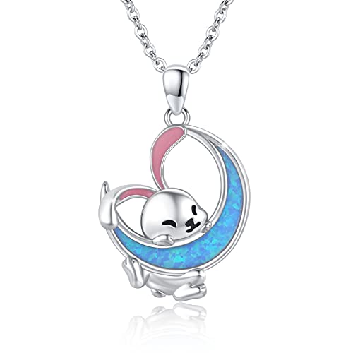 JFASHOP Cadena de conejo de plata de ley 925 ópalo conejo animal colgante conejo collar ópalo luna cadena conejo joyas regalo de Pascua para mujeres mujeres niños niñas, Plata esterlina, Ópalo