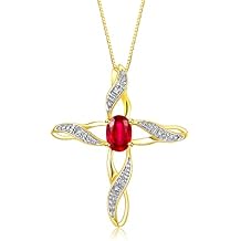 RYLOS Necklace Yellow Gold Plated Silver 925 Cross Necklace with Gemstone & Diamonds Pendant with 18" Chain 7X5MM Birthstone Womens Jewelry Silver Necklace For Women Diamond Necklace