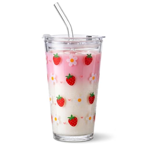 Olvini 15oz Glass Tumbler with Glass Straw and Lid, Cute Iced Coffee Cups, Aesthetic Glass Cups, Coffee Tumbler, Water Cup, Matcha Cup, Drinking Glasses (Strawberry)