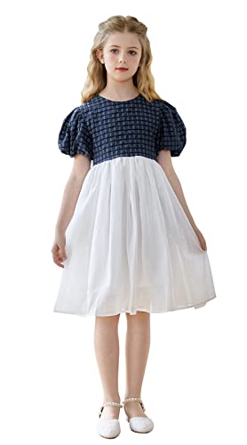 Smiling Pinker Girls Formal Pageant Dress Puff Sleeve Plaid A-Line Organza Dress(Blue,10 Years) #TOP16