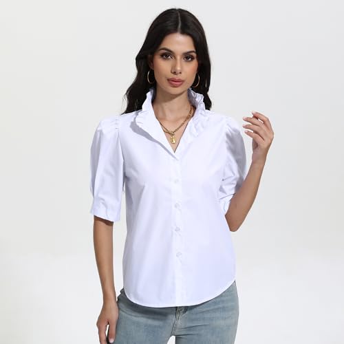 SUNNOW Women's Summer Top Ruffle Stand Collar Button Down Shirt Tailored Puff Sleeves Blouse Basic Simple Shirts4