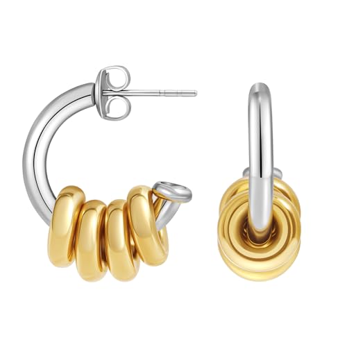 18K Gold Plated Hoop Earrings Stainless Steel Hypoallergenic Earrings Gold and Silver Two Tone Cuff Earring Hanging Round Pendant Statement Earrings for Women