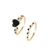 Gold Rings Set For Women, Trendy Black Heart-Shaped 2 Pcs Vintage Style Stackable Plated Elegant Oval Cubic Stackable Promise Wedding Engagement The Bling Ring Jewelry Wife Mother Gift (Gold Black 7)