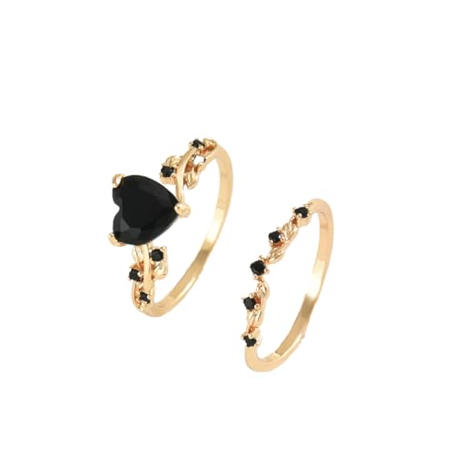 Gold Rings Set For Women, Trendy Black Heart-Shaped 2 Pcs Vintage Style Stackable Plated Elegant Oval Cubic Stackable Promise Wedding Engagement The Bling Ring Jewelry Wife Mother Gift (Gold Black 7)
