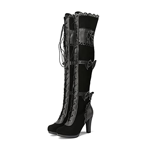 SOOUICKER Overknee-Stiefel für Damen, kniehoch, Steampunk-Stil, Gothic, viktorianischer Stil, Schnürstiefel, Schwarz , 40 EU