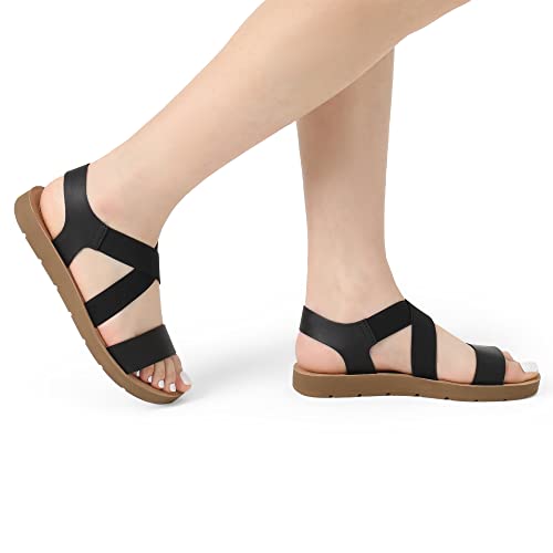 DREAM PAIRS DREAM PAIRS Women's Open Toe Elastic Ankle Strap Flat Summer Sandals,Size 8,Black,ELENA-2