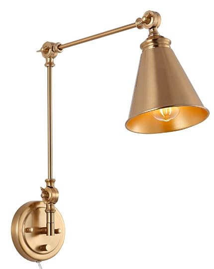 Modern Plug in Wall Sconce, Cordless Swing Arm Wall Lamp for Bedroom, Living Room, Study, Adjustable Vintage Wall Mount Reading Light Fixtures, Brass/Gold