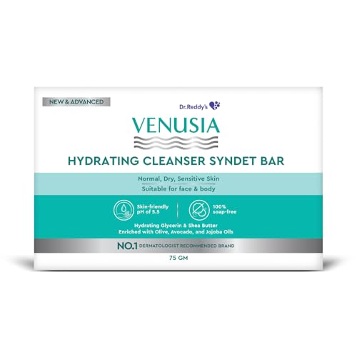 Image of Dr. Reddy's Venusia Hydrating Cleanser Syndet Bar | 100% soap-free, pH 5.5, Non-irritating, Hypoallergenic, PAMA-free | Enriched with Hydrating Glycerin, Shea Butter, Olive Oil, Avocado Oil & Jojoba Oil - 75g