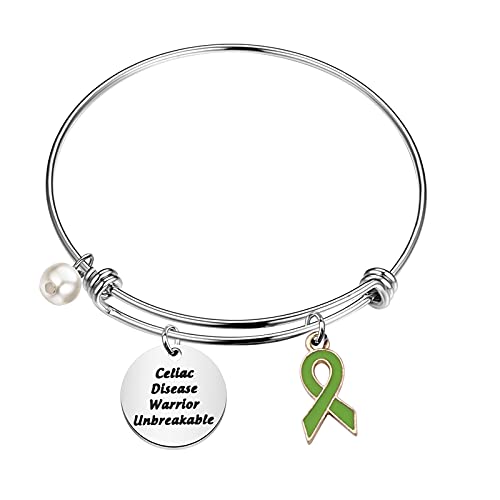 FEELMEM Celiac Disease Awareness Jewelry Celiac Disease Warrior Unbreakable Bracelet with Green Awareness Ribbon Charm Inspirational Cancer Survivor Gift