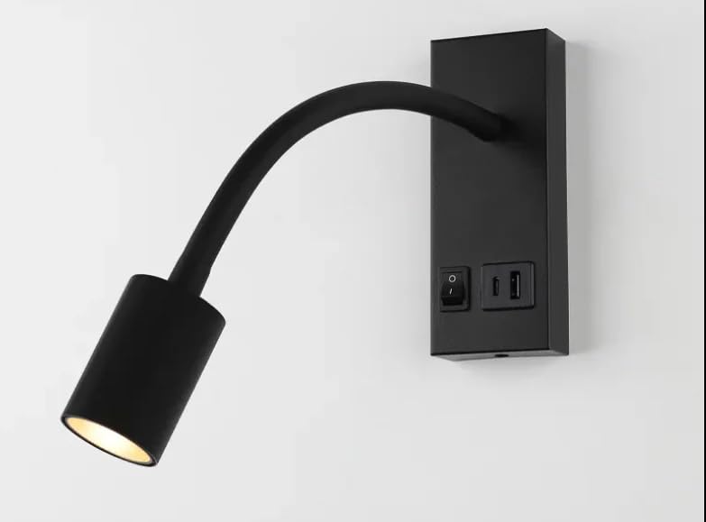 Image of LED Wall Mounted Gooseneck Reading Light with USB Port Adjustable Lamp with 3-Lighting Options for Bedroom & Study|Black