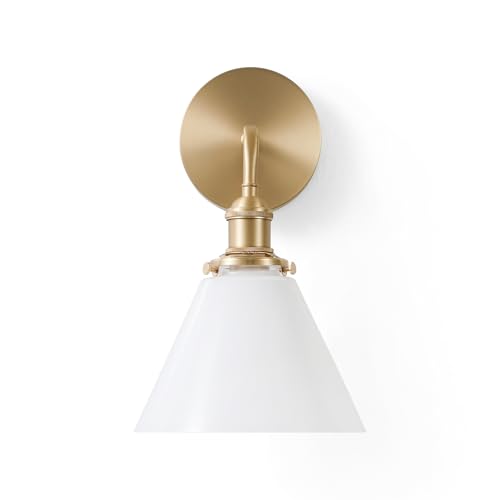 Image of Brass Wall Sconce Mid Century Modern Milk Glass Cone Sconce Light, Ideal for Kitchen, Bathroom, Living Room, Bedside, Hallway (Bulb Included)
