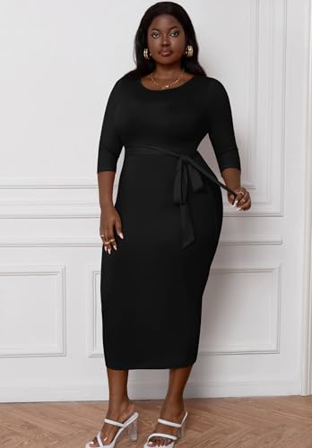 Runwind Women's Plus Size Maxi Dress Casual 3/4 Sleeve Bodycon H-Line Work Cocktail Fitted Dresses Crewneck3