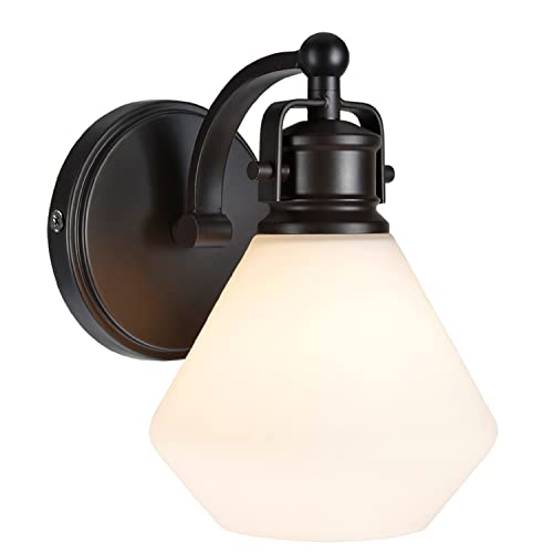 Image of Aspen Creative 62089, One-Light Metal Bathroom Vanity Wall Light Fixture, 6 inch Wide, Transitional Design in Bronze with Opal Glass Shade