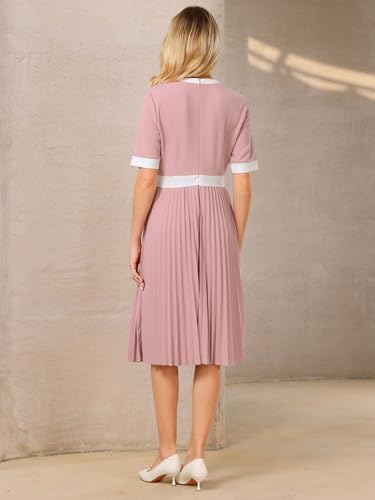 Image of Hobemty Women's Short Sleeve Pleated Dress 2025 Trendy Contrast Color Casual Work A-Line Midi Dresses