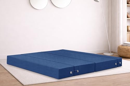 Image of Rosebell Three Seater Foldable Sofa Cum Bed (5x6 Feet) ? Jute Fabric, Washable Removable Cover, Includes Cushion | Space Saving Convertible Sofa Bed for Home, Office & Guests - Blue