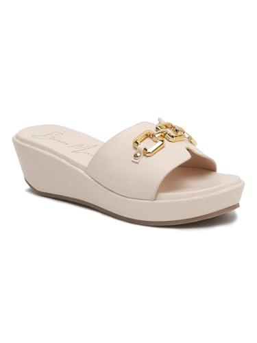 Image of Bruno Manetti Women's Slipon Back Open with Upper Golden Buckle Round Toe Comfort Platform Wedges