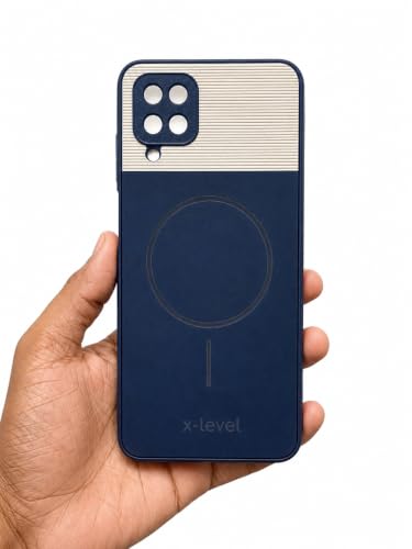 Image of Bintage Dual-Leather Mac Safe Design Phone Case| Soft Touch Finish | Full Camera Protectection Back Cover Compatible for Samsung A12 /Galaxy F12 / M12 - Blue & White