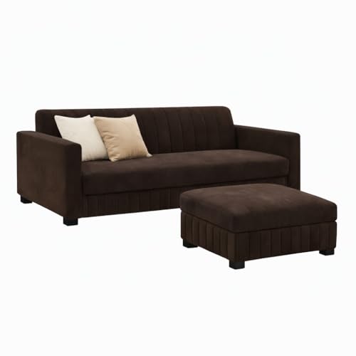 Image of FURNY Almora 4 Seater L Shape Sofa Set with Movable Ottoman | Flexible Left or Right Layout | Plush Velvet Fabric (Dark Brown) | Perfect for Living Room, Guest Room & Office