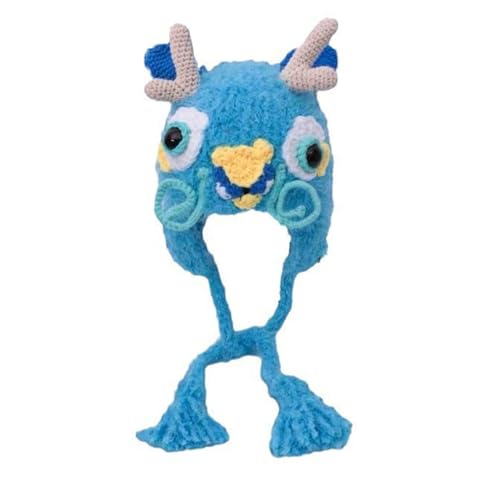 Chapeau tricoté corne de dragon pour femme avec cache-oreilles peluche ski