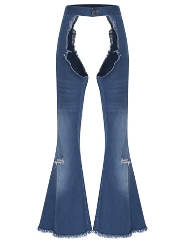Linjinx Women's Hollow Out Jeans Chaps Cowgirl Pants Denim Bell Bottom Trousers Hippie Costume Blue Small