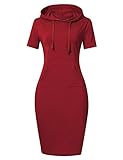 MISSKY Red Dresses for Women Pocket Slim Sweatshirt Pullover Hoodie Dress (L,Wine Short Sleeve)