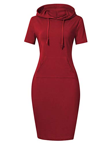 MISSKY Red Dresses for Women Pocket Knee Length Slim Pullover Hoodie Dress (M,Wine Short Sleeve)