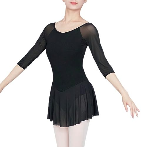 YYKSYDPT Women’s Leotards 3/4 Sleeve Black Leotards Skirted Ballet Dress Adult Dance Attire (L)