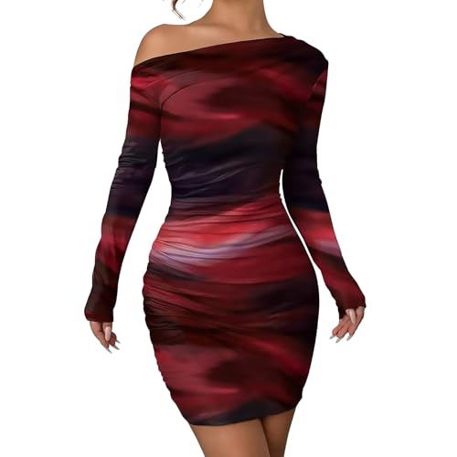 Image of Women's Long Sleeve Bodycon Mini Dress Tie Dye Print Slim Fit Asymmetrical Neck Elegant Formal Ruched Short Dresses