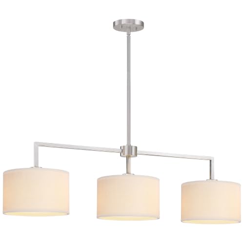 3-Light-42-White-Fabric-Hanging-Brushed-Nickel-Pendant-Ceiling-Light-Ktichen-Island 3 Light 42" White Fabric Hanging Brushed Nickel Pendant Ceiling Light Ktichen Island - Image 1