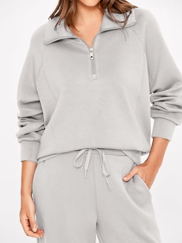 Glamaker Women 2 Piece Sets Fleece Lounge Travel Workout Outfits Airport Half Zip Sweatsuit Wide Leg Air Essentials Tracksuit (Light Grey,Medium)